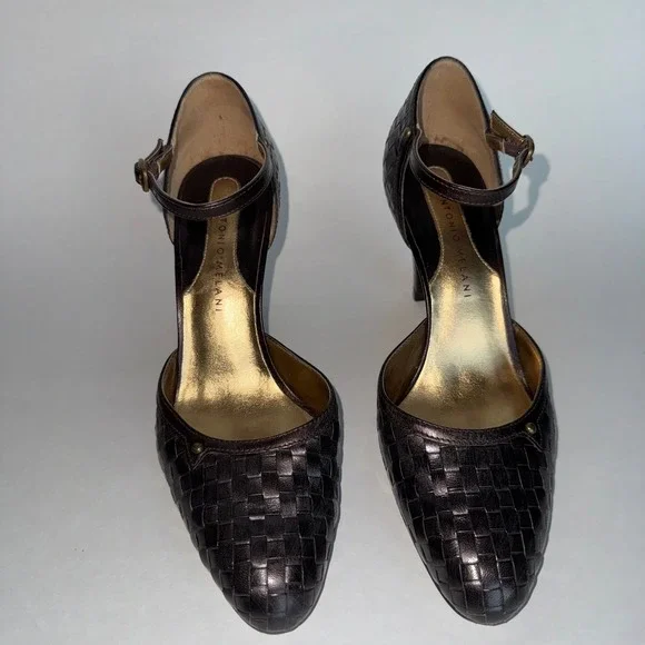 Antonio Melani Woven Leather Ankle Strap Heels Bronze Brown 7M Pump - Picture 5 of 5